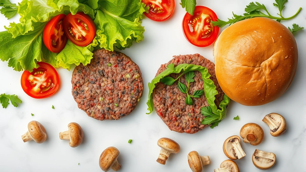 Overhead flat-lay composition of premium burger ingredients—fresh lettuce, tomato slices, high-quality beef patty, artisan bun, mushrooms scattered artistically on white marble surface