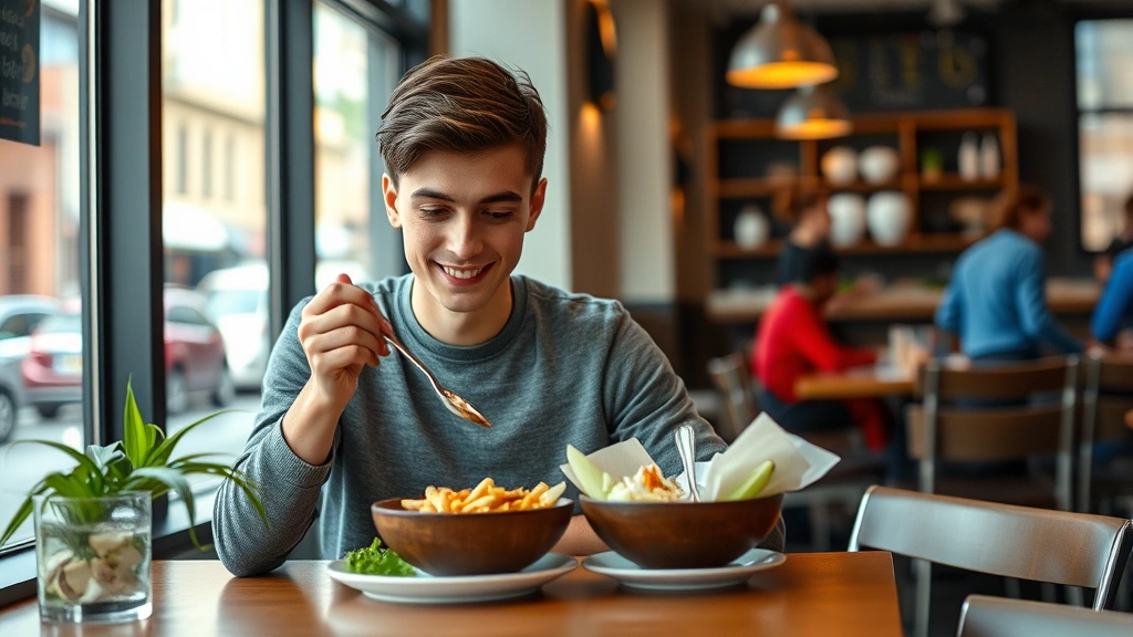 Young professional eating mindfully at casual restaurant table, examining food carefully with satisfied expression, natural window lighting, modern urban dining environment with health-conscious atmosphere