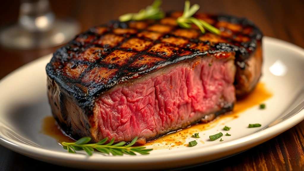Close-up of a perfectly grilled sirloin steak with charred crust, medium-rare center, resting on a white plate with fresh herbs scattered nearby, professional food photography, warm lighting, no text or labels visible