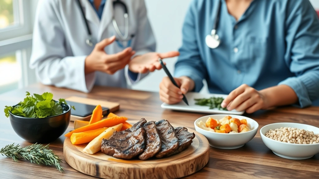 Nutritionist consulting with client over healthy meal prep, showing lean sirloin steak portions with roasted vegetables and whole grains on a wooden table, natural daylight, professional healthcare setting, diverse representation