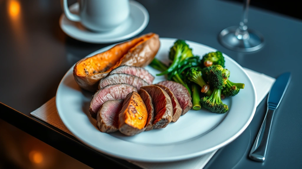 Vibrant plate composition featuring sliced sirloin steak, roasted sweet potato, steamed broccoli, and leafy greens, arranged beautifully on modern dinnerware, warm professional lighting, food styling, no nutritional labels visible