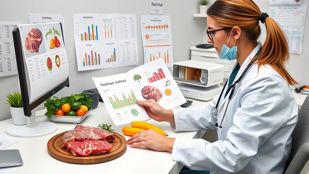 Nutritionist reviewing dietary charts and food composition data at desk, analyzing meat nutrition information, clinical healthcare environment, professional atmosphere