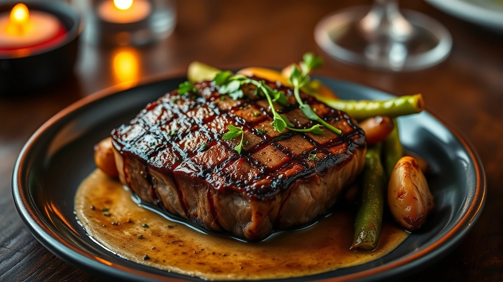 Cooked sirloin steak plated elegantly with grilled vegetables and herbs, restaurant-quality presentation, warm lighting highlighting meat texture and color