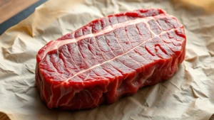 Close-up of raw sirloin steak on butcher paper, showing marbling and texture, natural lighting, photorealistic detail