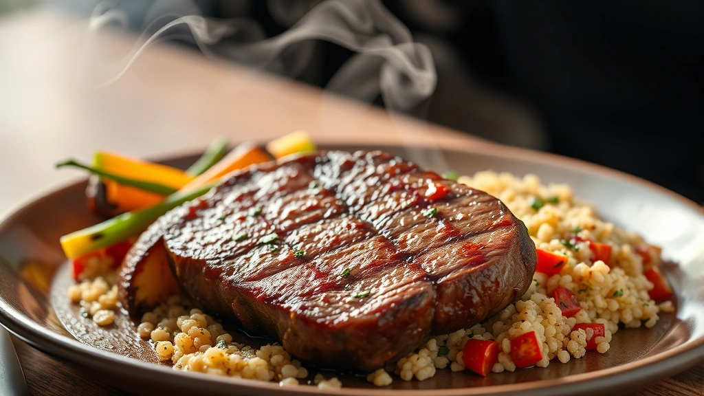 Cooked sirloin steak on plate with grilled vegetables and quinoa, steam rising, warm professional food photography styling