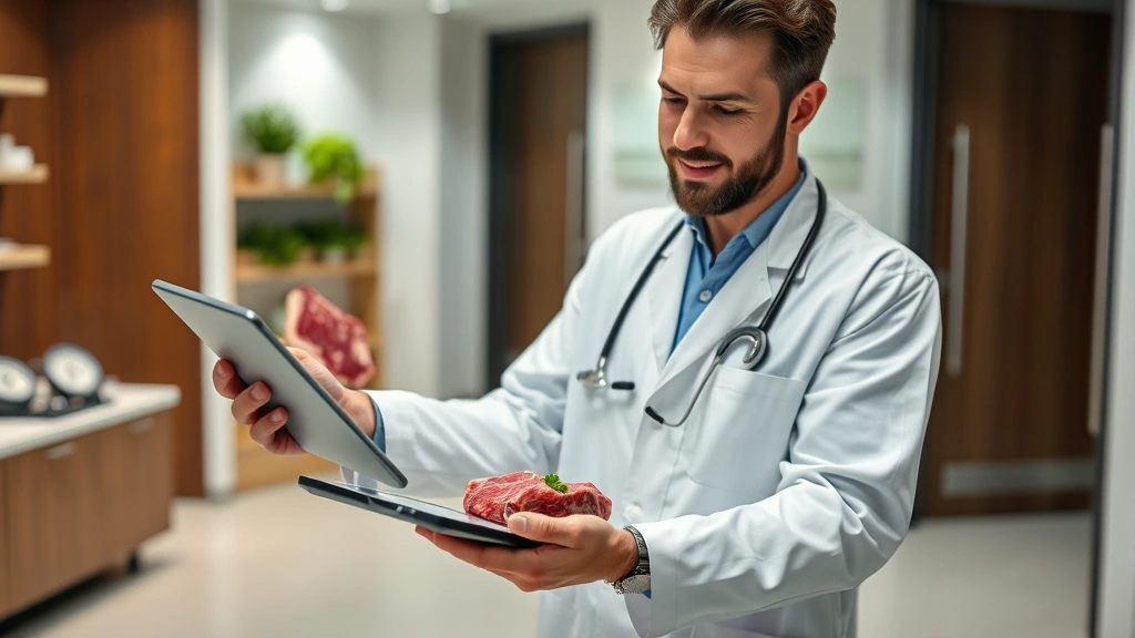 Nutritionist reviewing nutritional data on tablet while holding fresh beef cut, modern clinic setting, professional healthcare context