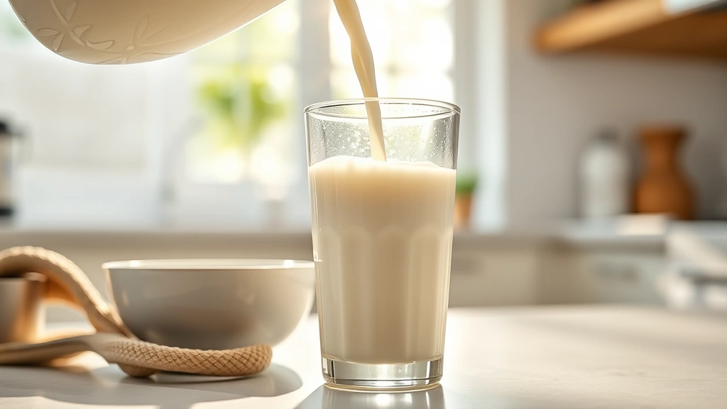 Close-up of fresh skim milk being poured into a glass on a bright kitchen countertop with morning sunlight streaming through, showing the white liquid's translucent quality against white ceramic