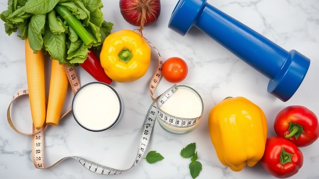 Flat lay composition of nutrition-related items on a marble surface: measuring tape, dumbbells, fresh vegetables, and a glass of skim milk, representing health and fitness lifestyle