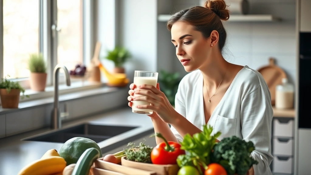 Woman in modern kitchen holding a glass of skim milk while looking at fresh produce, natural window lighting, representing healthy lifestyle choices and nutritional awareness