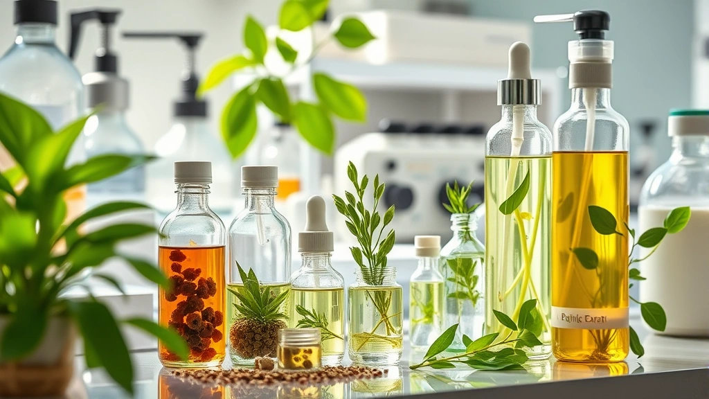 Professional skincare laboratory setting with botanical extracts in glass containers, green plants, scientific equipment, natural lighting, close-up view of plant materials and botanical ingredients
