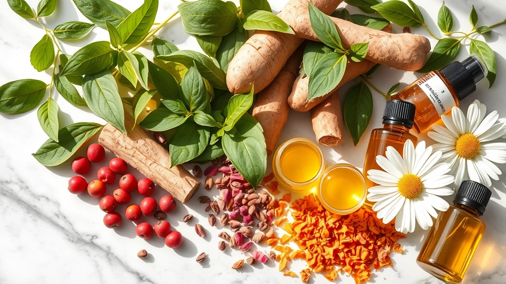 Diverse collection of fresh botanical ingredients including green tea leaves, rosehip berries, turmeric root, chamomile flowers, and plant oils arranged on marble surface with soft natural lighting