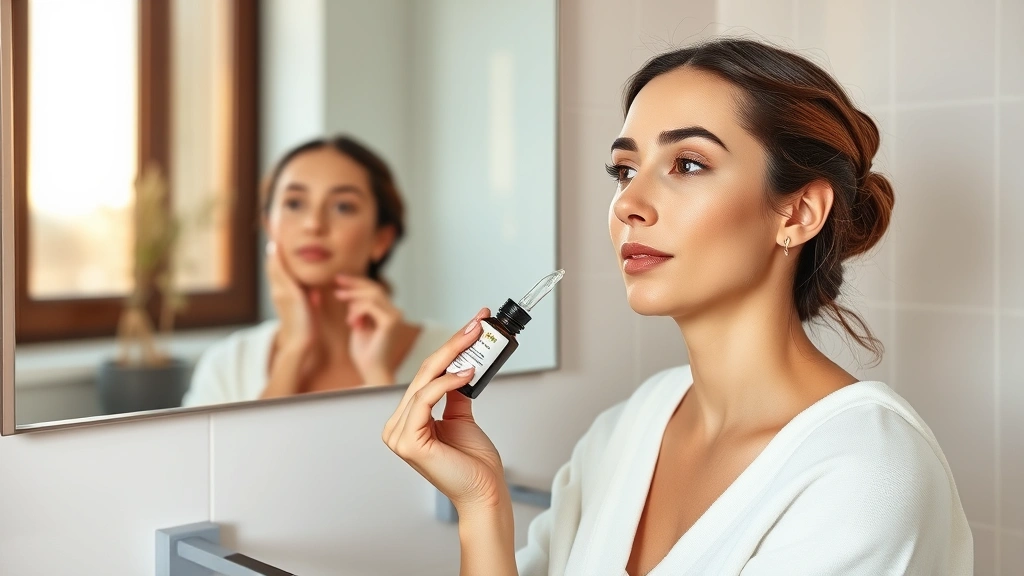 Woman applying botanical serum to her face in modern minimalist bathroom, holding dropper bottle with plant extract, mirror reflection, warm natural window light, serene wellness atmosphere