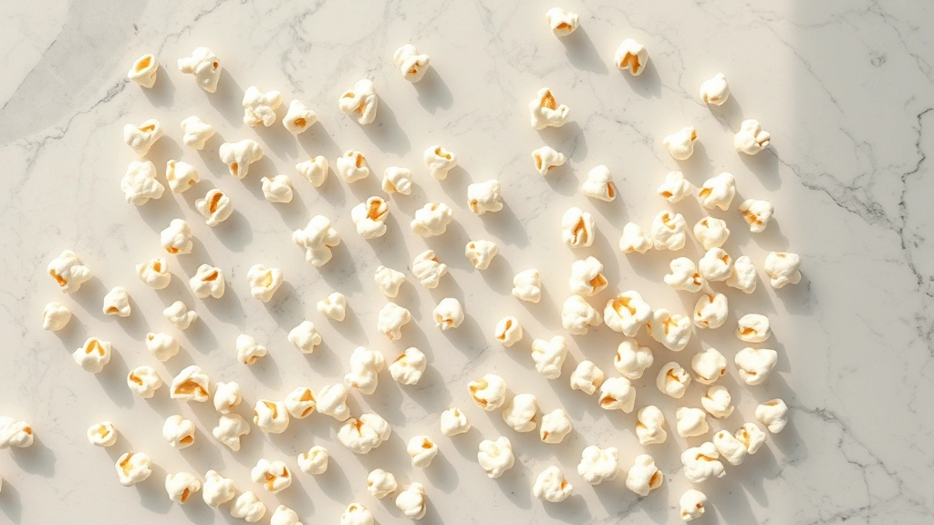 Overhead view of scattered popcorn kernels and popped white popcorn on a light marble surface with natural sunlight, minimalist composition, photorealistic, shallow depth of field
