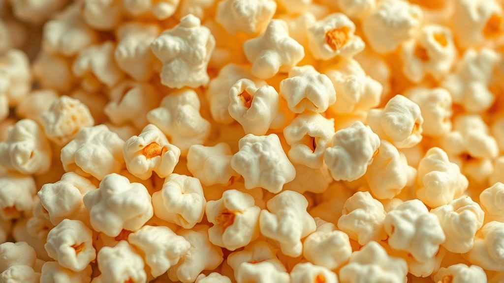 Close-up macro photography of popcorn texture showing individual kernels and detail, warm natural lighting, photorealistic, snack food photography style