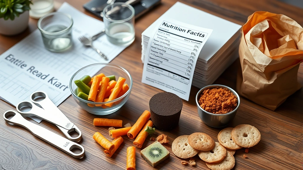 Nutritionist's workspace with nutrition label, measurement tools, and healthy snack items arranged on wooden desk, professional photography, natural daylight, no visible text on labels