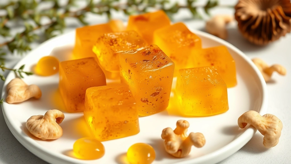 Close-up of translucent amber and golden mushroom gummies arranged on a white ceramic plate with fresh lion's mane, reishi, and cordyceps mushrooms scattered artfully around them, natural lighting highlighting their glossy texture and vibrant colors, minimalist botanical background