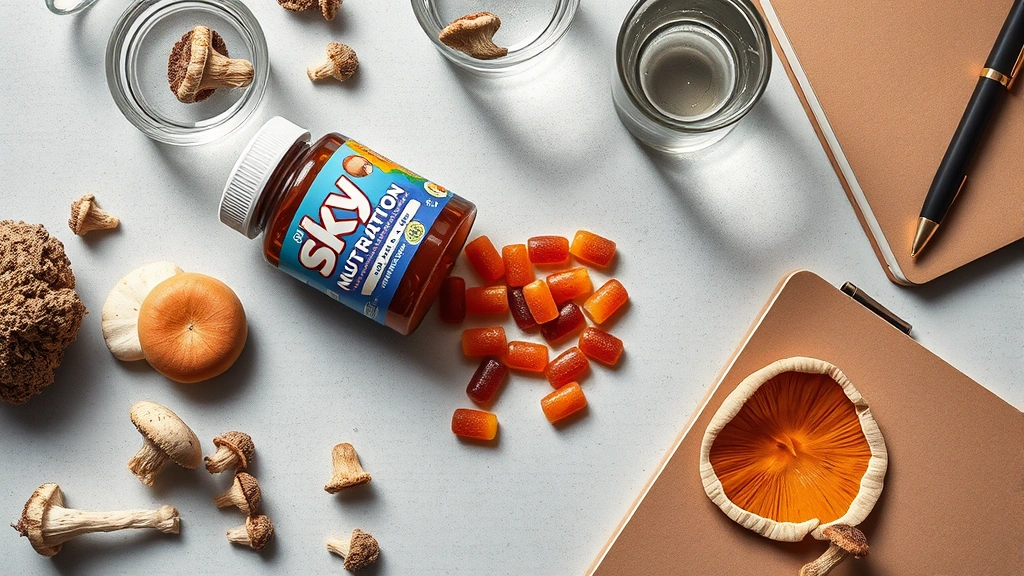 Overhead flat lay of an open Sky Nutrition mushroom gummies bottle with gummies spilling onto a light gray surface, surrounded by dried medicinal mushroom specimens, a glass of water, and wellness lifestyle items like a journal and pen, soft natural window lighting