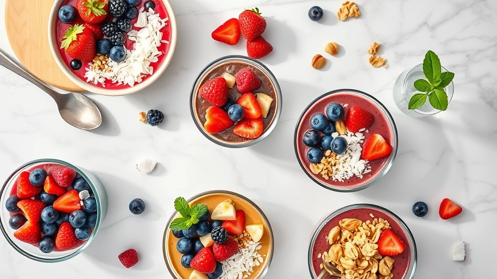 Overhead shot of colorful fresh smoothie bowls with berries, coconut, and granola arranged on marble countertop, natural morning light, photorealistic, no text or labels visible