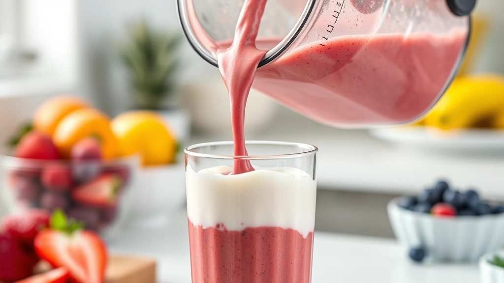 Close-up of blender pouring vibrant fruit smoothie into clear glass, frozen fruit and yogurt visible, bright kitchen setting, photorealistic, no interface or display screens