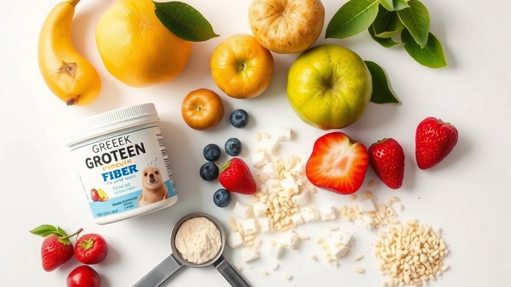 Flat lay composition of whole fruits, Greek yogurt container, protein powder scoop, and fiber supplement on white surface with soft shadows, photorealistic, no nutritional labels or text