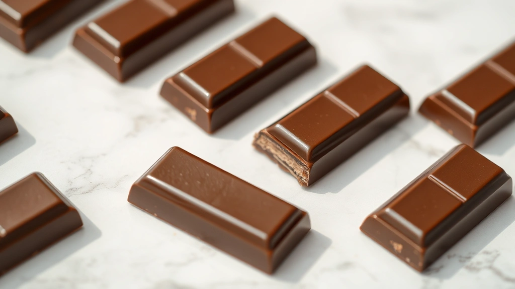 Close-up photograph of small chocolate candy bars arranged on white marble surface with soft natural lighting, showing texture and glossy chocolate coating, no packaging visible