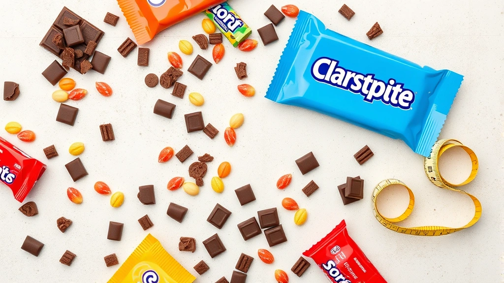 Overhead flat lay composition of various colorful fun-size candy bars and chocolate pieces scattered on neutral background with measuring tape and nutrition label mockup nearby
