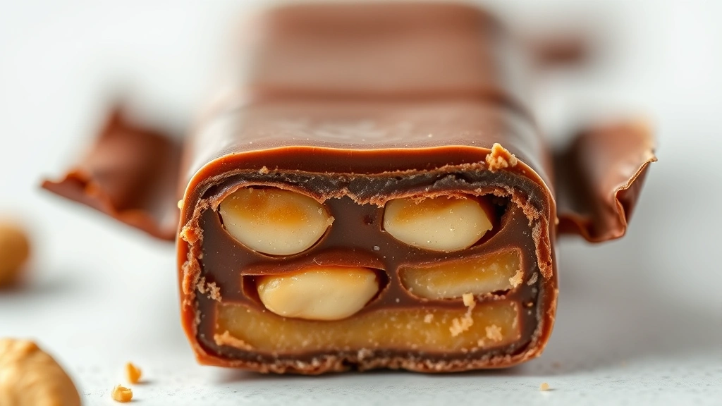 Detailed macro photography of a single unwrapped chocolate peanut candy bar showing cross-section layers of chocolate, caramel, and peanuts with shallow depth of field, professional food photography style