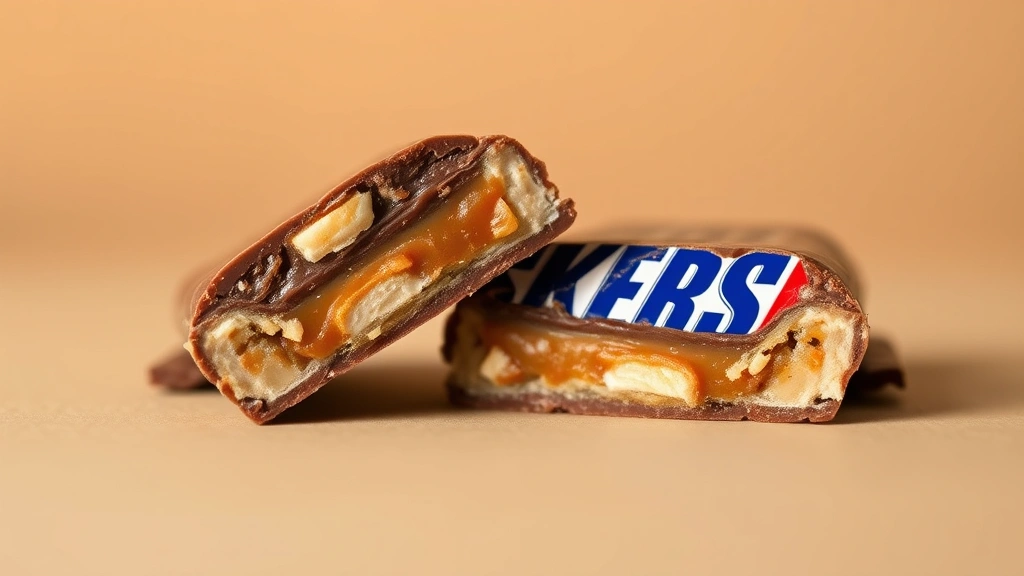 Close-up of a Snickers candy bar broken in half showing chocolate, caramel, peanuts, and nougat layers with warm lighting against neutral background