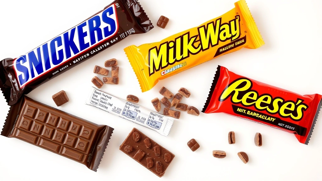 Flat-lay arrangement of various candy bars including Snickers, Milky Way, and Reese's on white surface with nutrition labels visible, professional food photography style