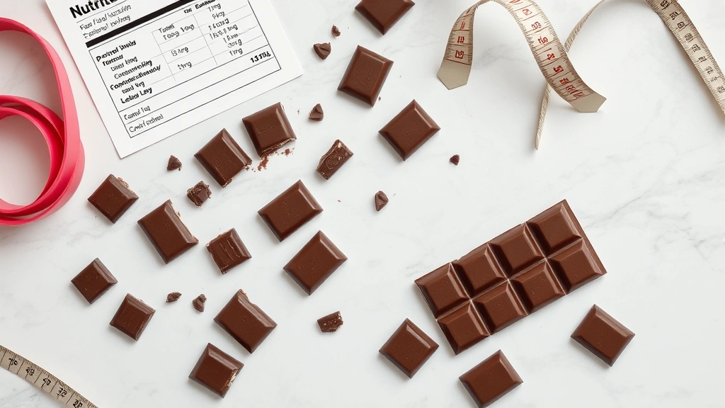 Overhead view of chocolate candy bar pieces scattered on marble surface with measuring tape and nutrition label paperwork, clean minimal aesthetic