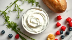 Top-down flat lay composition of fresh full-fat sour cream in a white ceramic bowl surrounded by fresh ingredients like dill, chives, baked potato, and fresh berries on a neutral marble countertop, natural morning light, minimalist styling, photorealistic food photography