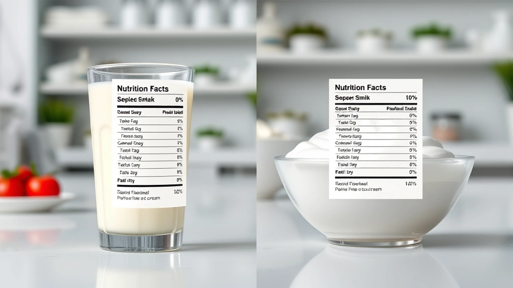 Split-screen comparison showing a glass of milk on left side and a bowl of sour cream on right side with nutrition facts overlay, clean laboratory aesthetic, scientific presentation style, professional food and nutrition photography