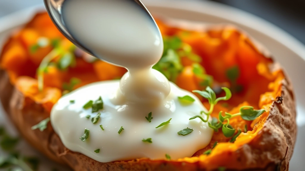Vibrant close-up of a spoonful of creamy sour cream being drizzled over a colorful baked sweet potato topped with fresh herbs and microgreens, warm natural lighting, shallow depth of field, appetizing food styling, professional culinary photography