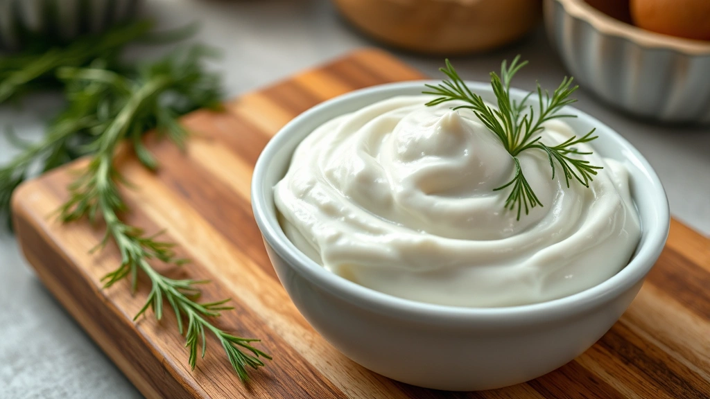 Close-up of creamy sour cream in a white ceramic bowl with fresh dill garnish on wooden cutting board, natural lighting, rustic kitchen setting, photorealistic
