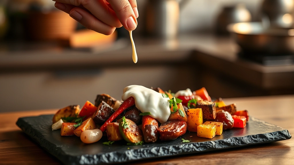 Hands drizzling white sour cream over colorful roasted vegetables on a slate plate, warm golden hour lighting, food photography style, professional kitchen background, photorealistic