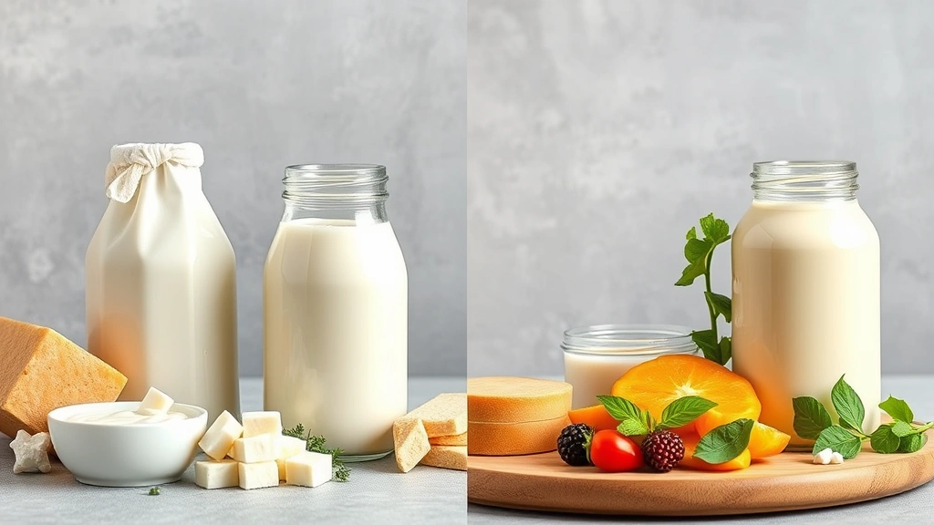 Split-screen comparison: full-fat dairy products on left side, plant-based alternatives on right side, arranged on neutral background, clean modern food styling, professional nutrition education photography, photorealistic