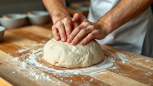 Professional baker hands kneading sourdough dough on wooden surface, flour dust visible, artisanal bakery environment with natural lighting