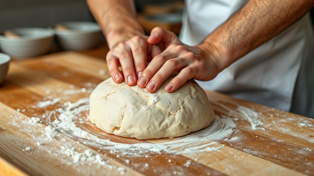 Professional baker hands kneading sourdough dough on wooden surface, flour dust visible, artisanal bakery environment with natural lighting