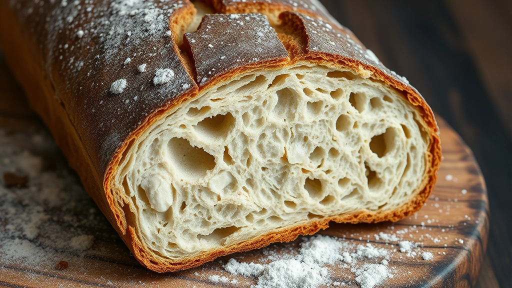 Cross-section of freshly sliced sourdough loaf showing open crumb structure and dark crust, placed on rustic wooden board with scattered flour