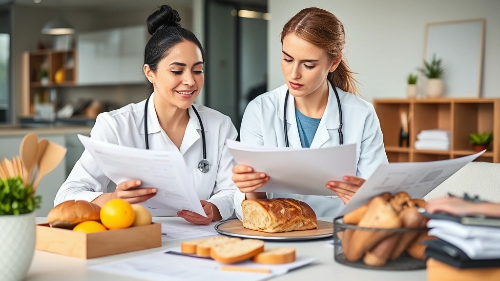 Nutritionist or dietitian reviewing bread samples with nutrition charts and research papers, modern office setting with healthy food items visible