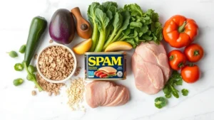 Flat lay of canned Spam surrounded by fresh vegetables, whole grains, and lean proteins on a light marble countertop, showing nutritional contrast