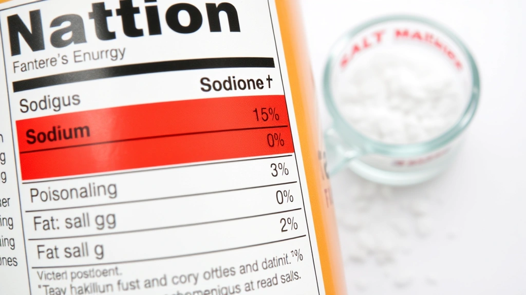 Nutrition label close-up showing sodium and fat content highlighted in red, with measuring cup and salt shaker nearby on white background