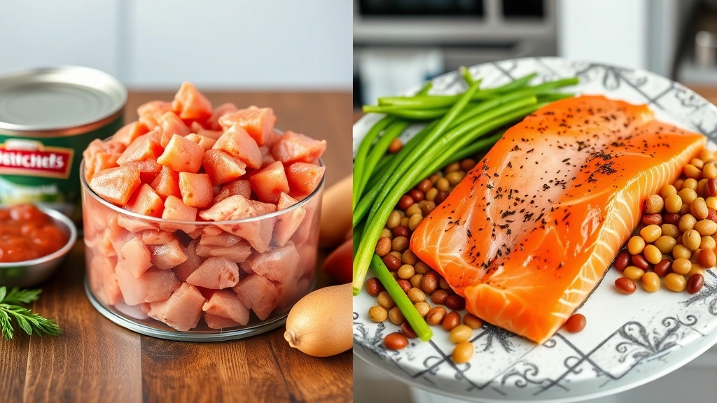 Split-screen comparison: left side shows canned processed meats, right side shows fresh salmon, chicken breast, and legumes in modern kitchen setting