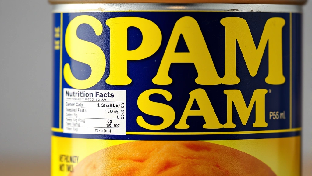 Close-up of a vintage blue and yellow Spam can with nutrition facts label visible, professional product photography against neutral background, natural lighting highlighting label details