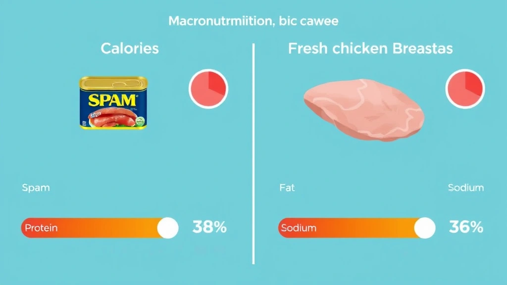 Colorful digital illustration showing macronutrient breakdown comparison between Spam and fresh chicken breast, bar charts displaying calories, protein, sodium, and fat percentages, modern design aesthetic