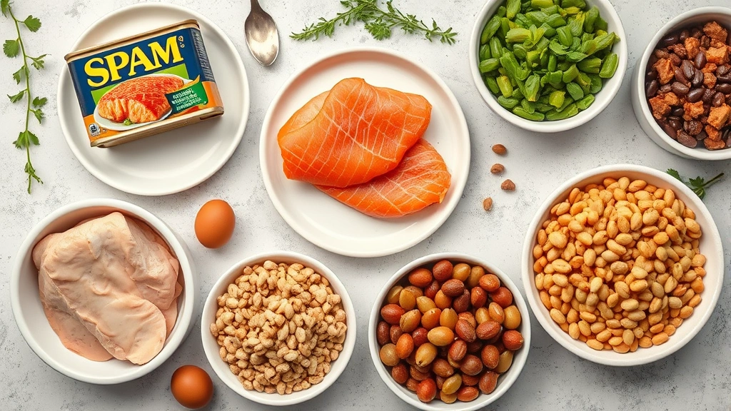 Overhead flat lay of various protein sources including Spam can, fresh salmon fillet, chicken breast, eggs, and legumes in bowls, professional food photography with neutral background showing nutritional variety