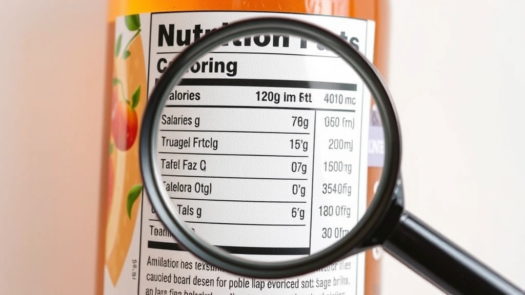 Close-up of nutrition label on beverage bottle with magnifying glass, showing calorie and sugar content details, soft natural lighting on white background