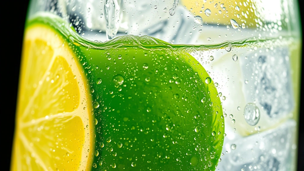 Close-up of condensation on a clear glass bottle of lemon-lime soda with ice cubes, professional product photography style, bright lighting highlighting the beverage's transparency and carbonation