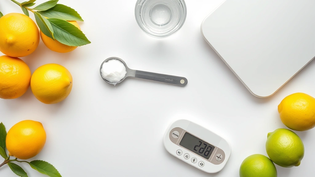 Flat lay composition of nutritional reference items: measuring spoons with sugar, fresh lemons and limes, water droplets, and a digital food scale on white surface, minimalist healthcare aesthetic
