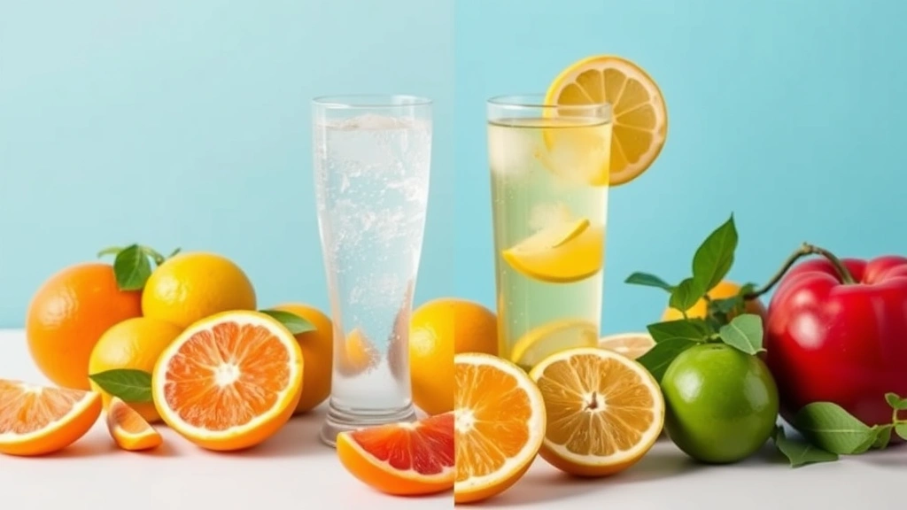 Split-screen comparison showing vibrant citrus fruits and vegetables on one side versus a glass of clear carbonated beverage on the other side, representing nutritional contrast in modern photography style